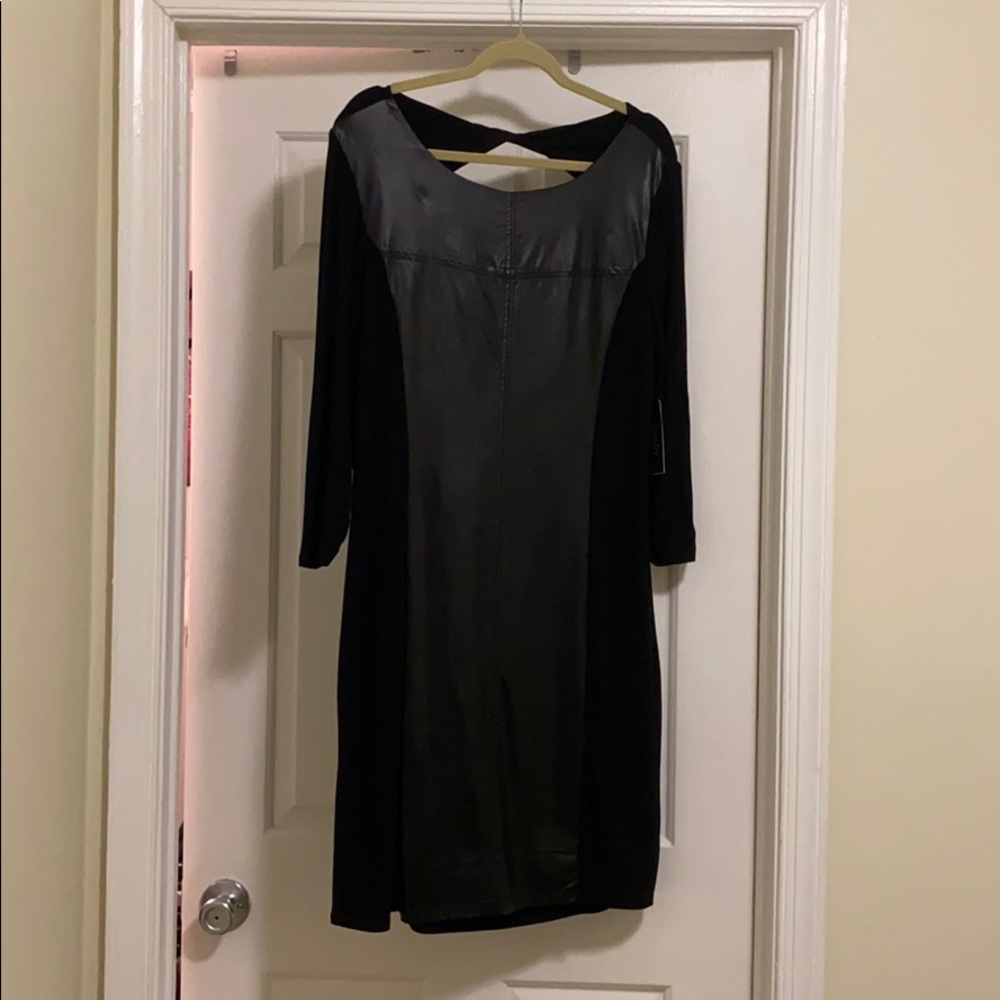 Black cocktail dress with faux leather front inlet